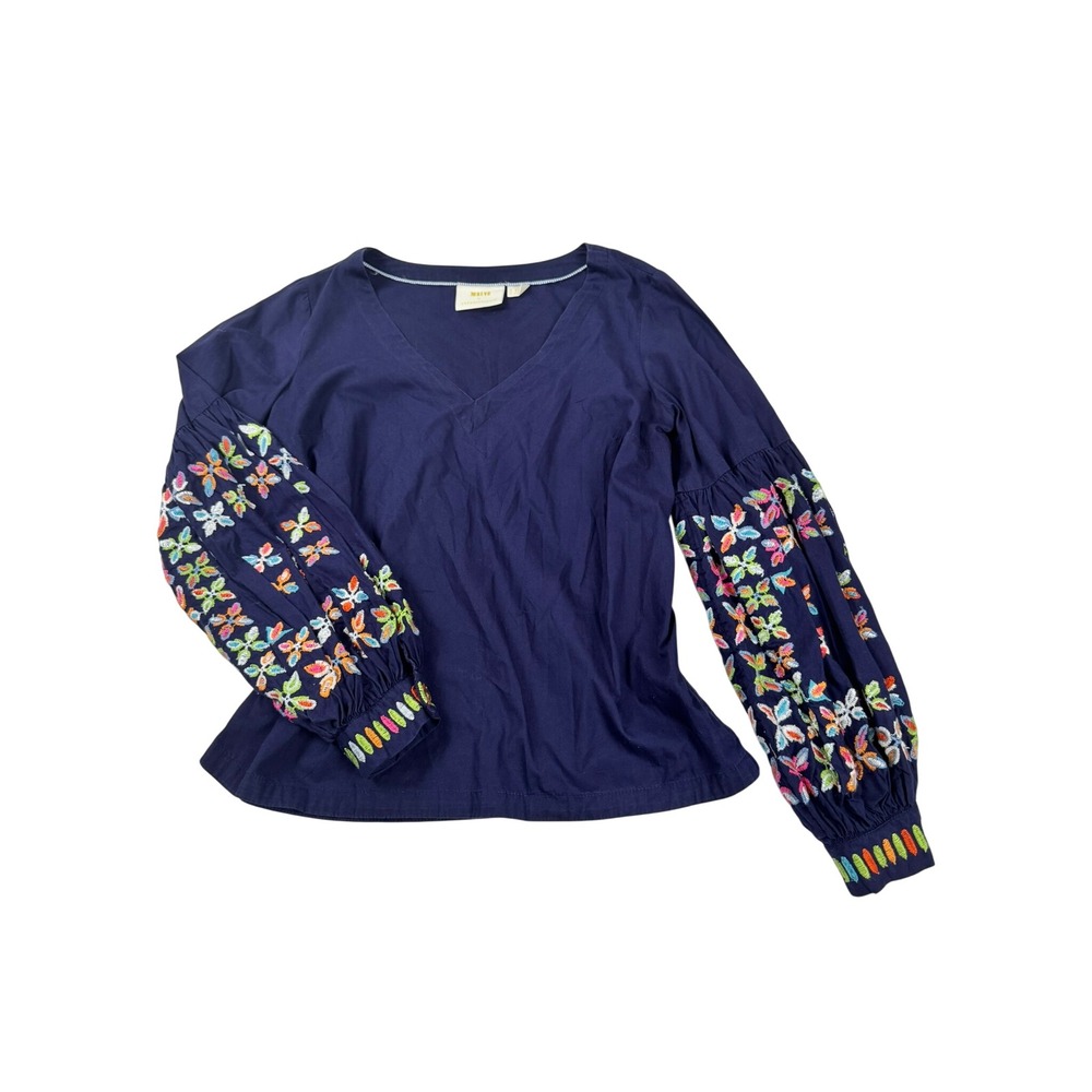 Maeve Anthropologie Navy Blue Embroidered Balloon Sleeve V-Neck Cotton Blouse 2